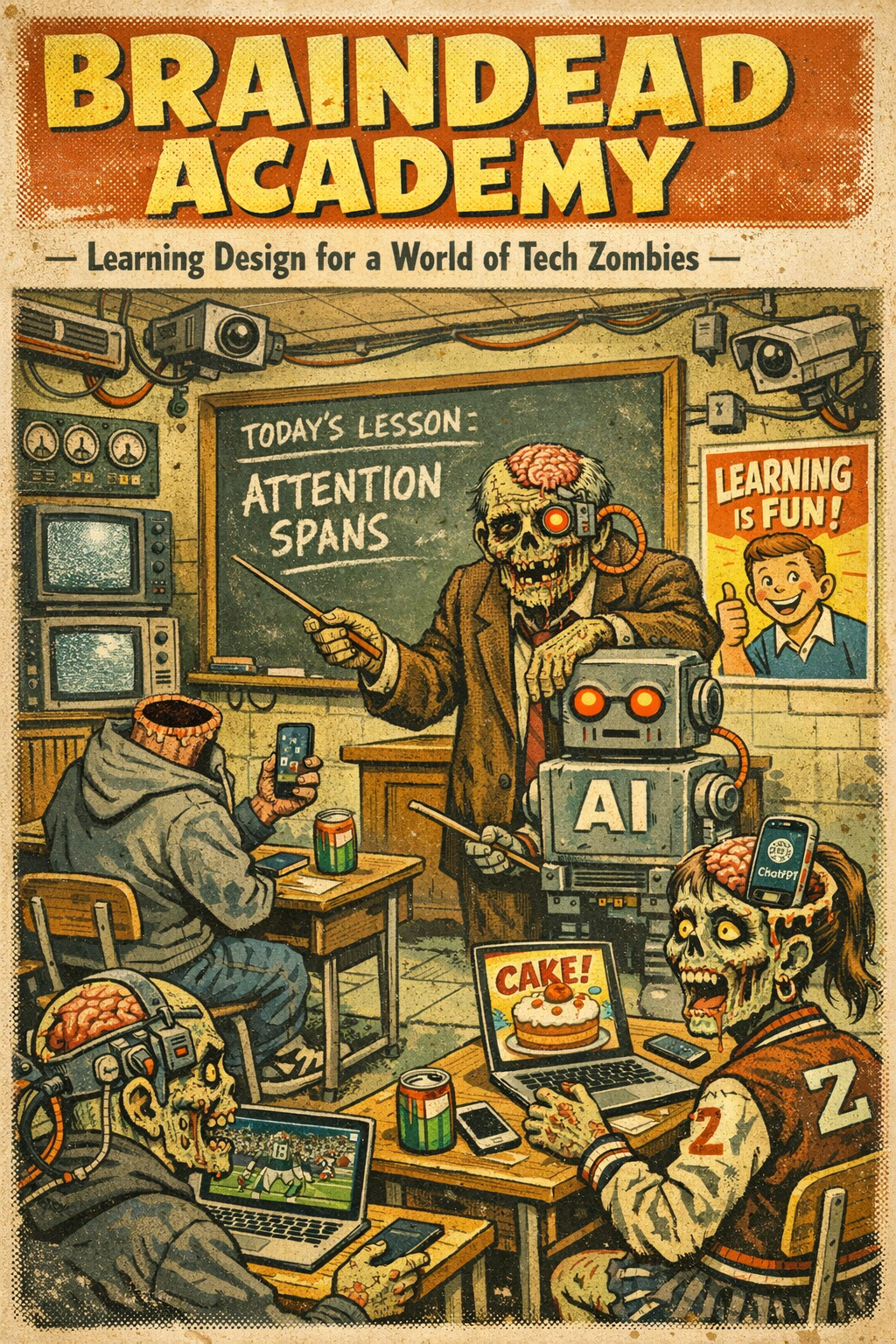 Braindead Academy: zombie classroom with robot teacher — a zombie professor teaches Attention Spans while students doom-scroll, an AI robot stands at the front, and a Learning Is Fun poster hangs in the corner.