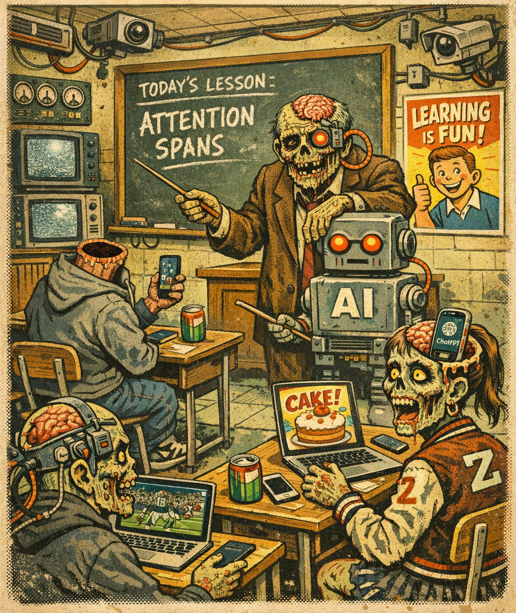 Braindead Academy: zombie professor teaches Attention Spans while students doom-scroll on laptops. AI robot stands at the front. Surveillance cameras on the ceiling. Learning Is Fun poster on the wall.